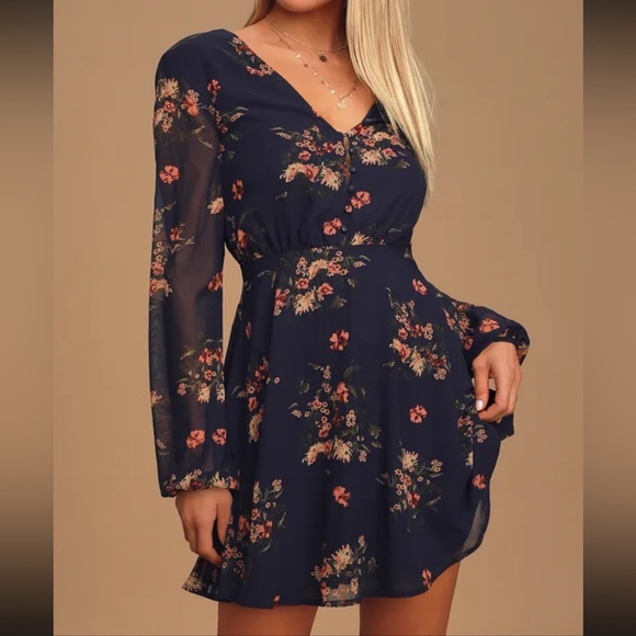 Navy floral long sleeve mini dress - Picture 1 of 12